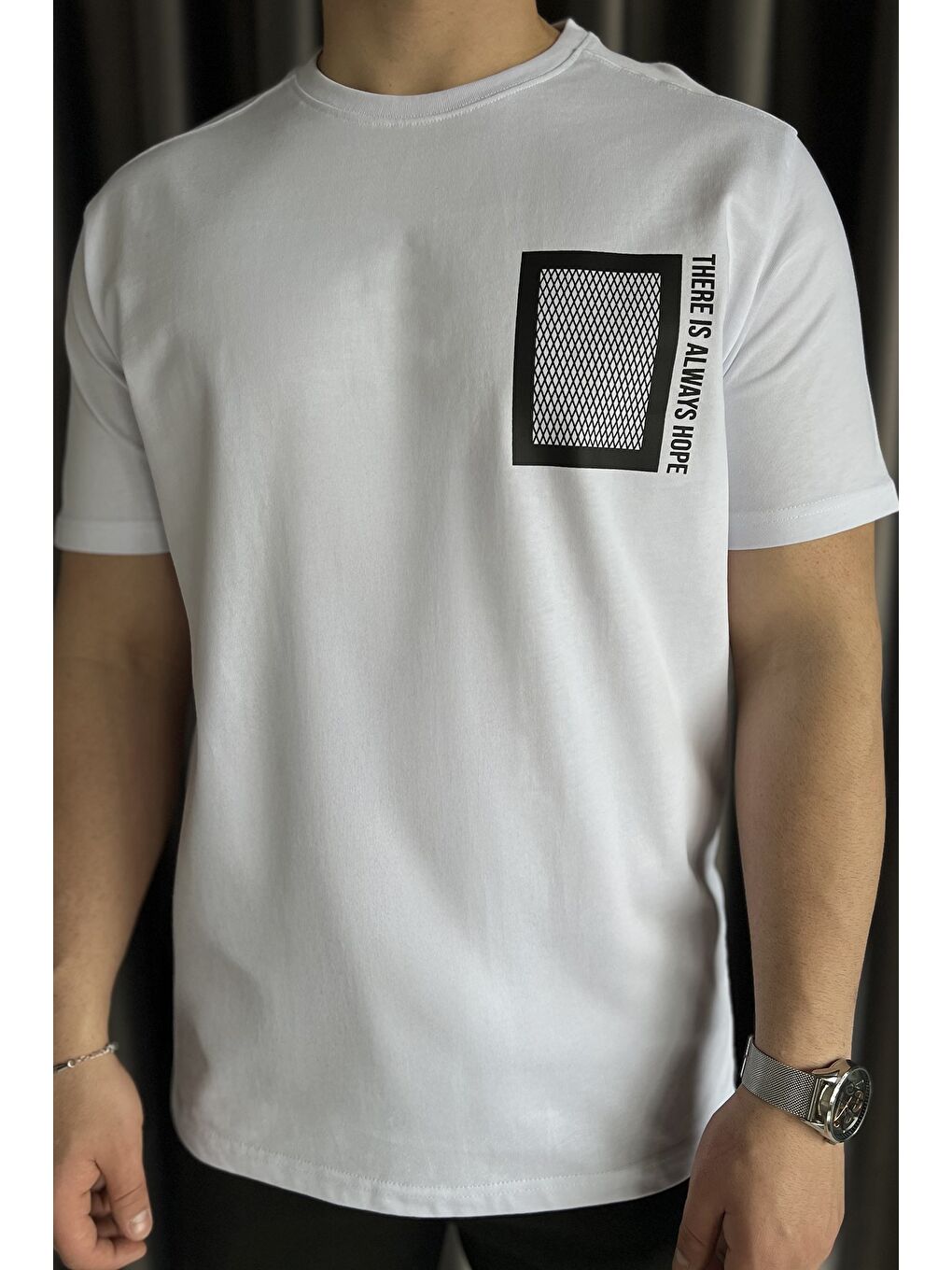 Beyaz Erkek Bisiklet Yaka Baskılı Tişört-3