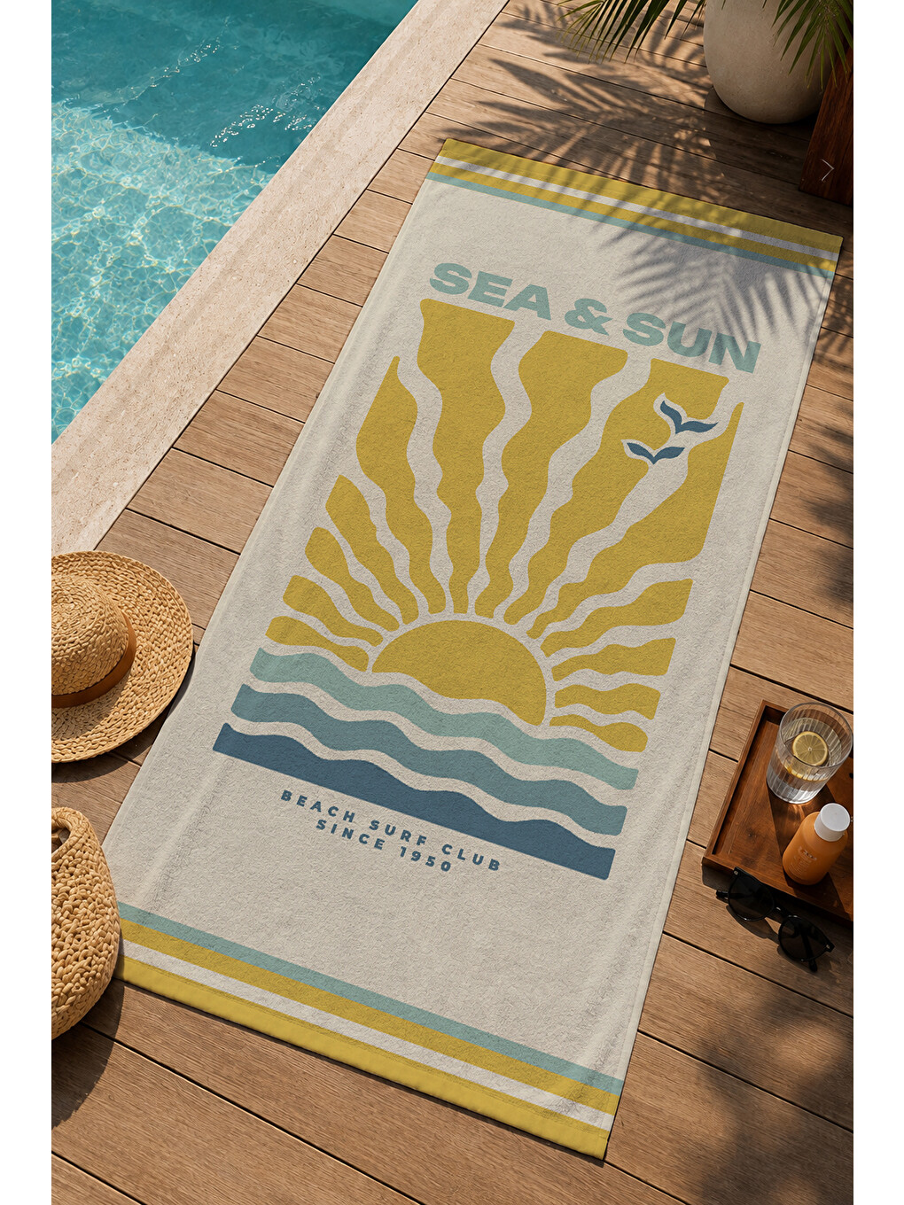 Ekru Sarı Mavi Sea And Sun Dalga Desenli 70x150 Cm Dijital Baskılı Plaj Ve Banyo Havlusu-2