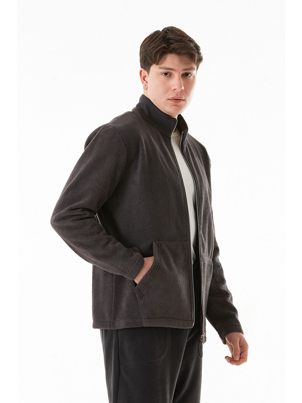 Antrasit Dik Yaka Polar Erkek Fermuarlı Sweatshirt Hırka