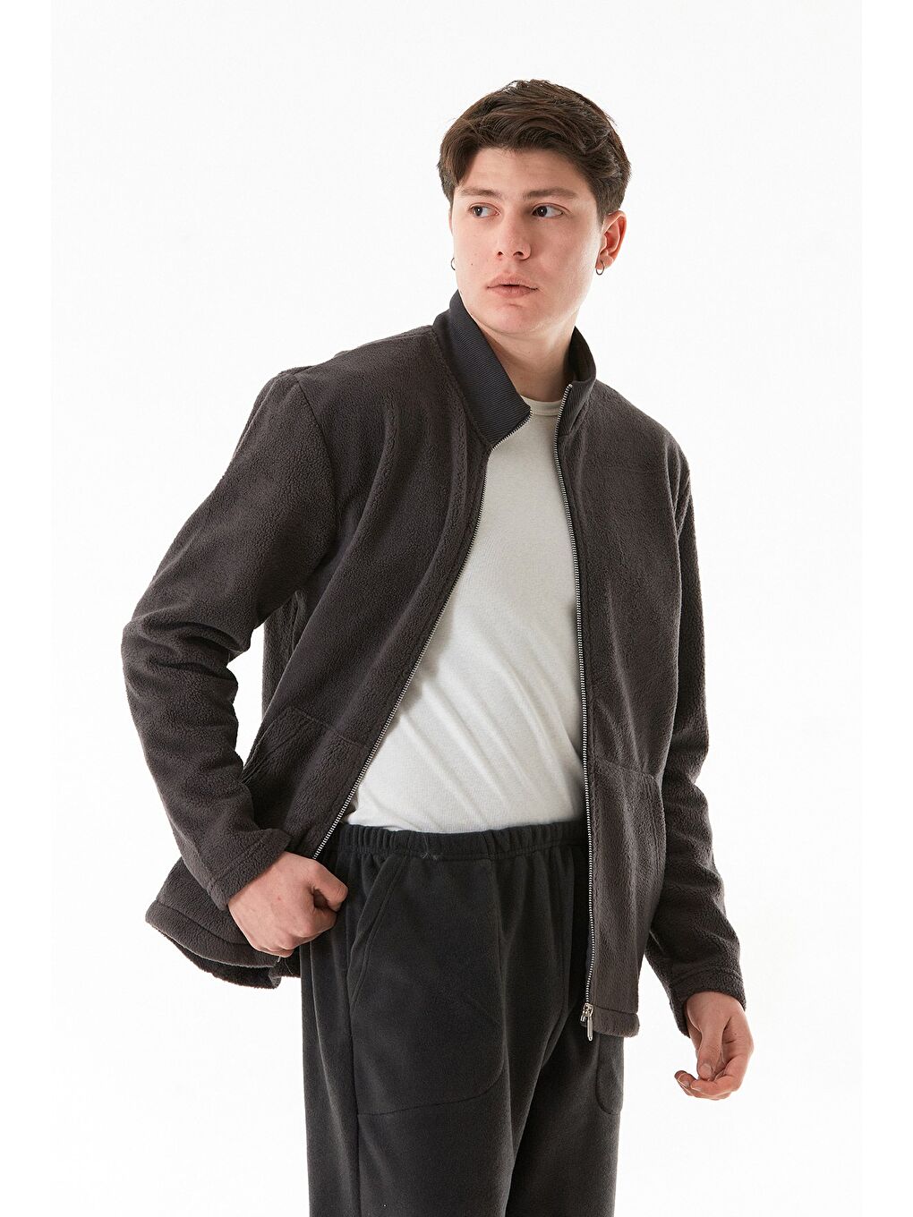 Antrasit Dik Yaka Polar Erkek Fermuarlı Sweatshirt Hırka-1