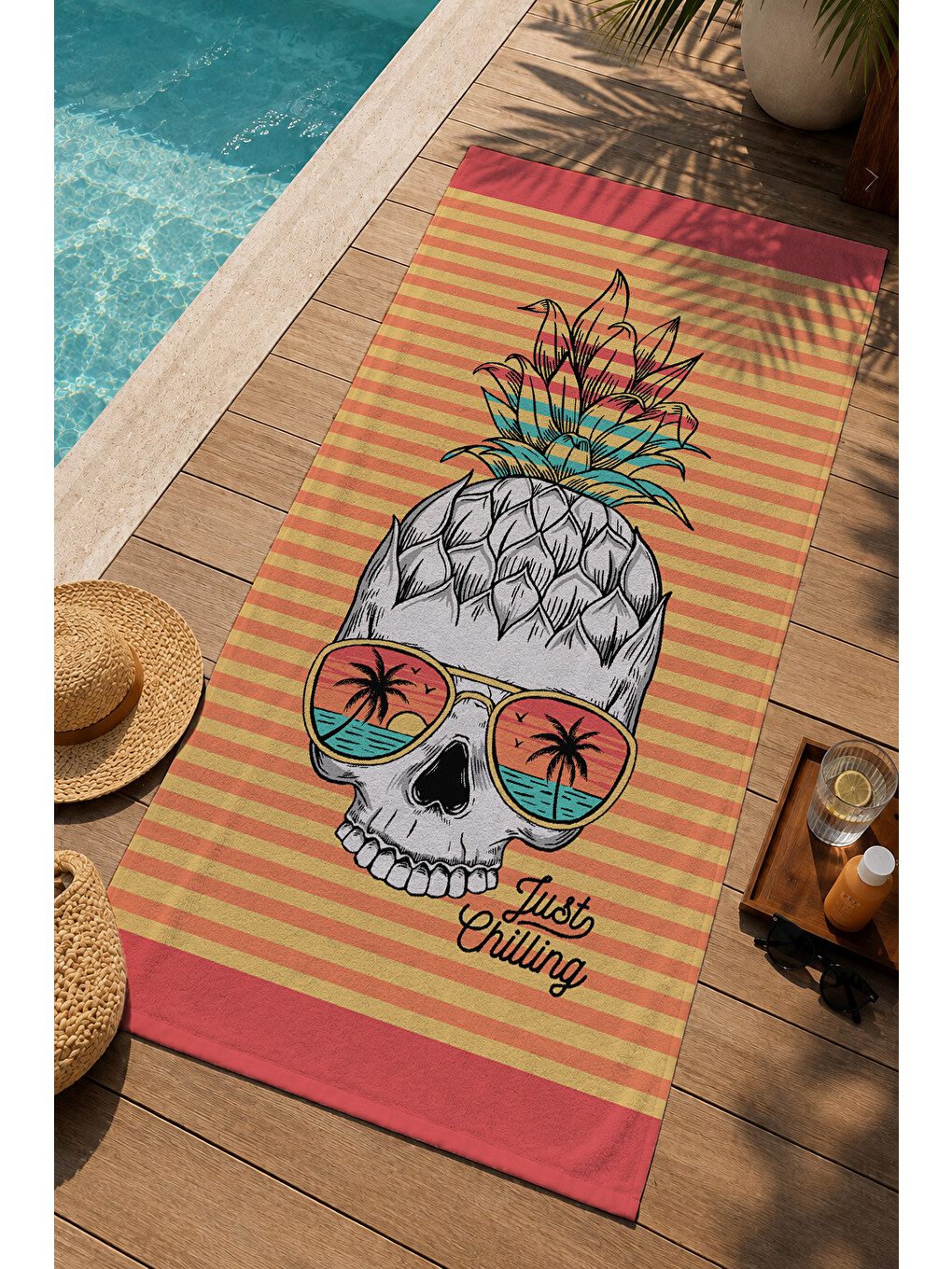 Milbay Grup Turuncu Çizgili Ananas Kuru Kafa Desenli 70x150 Cm Dijital Plaj Ve Banyo Havlusu-20013-1