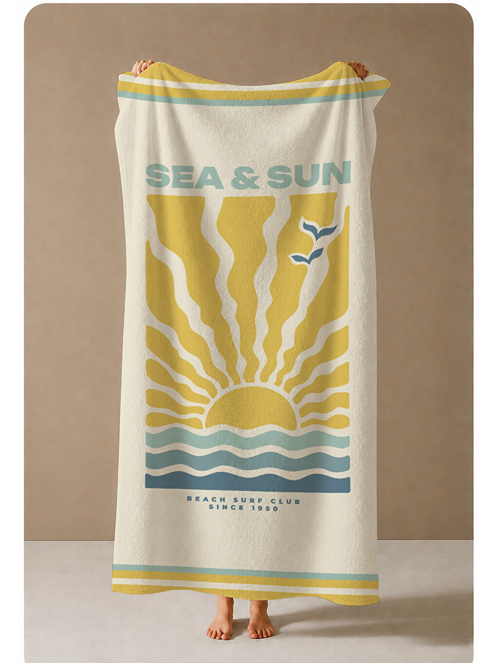 Ekru Sarı Mavi Sea And Sun Dalga Desenli 70x150 Cm Dijital Baskılı Plaj Ve Banyo Havlusu-3