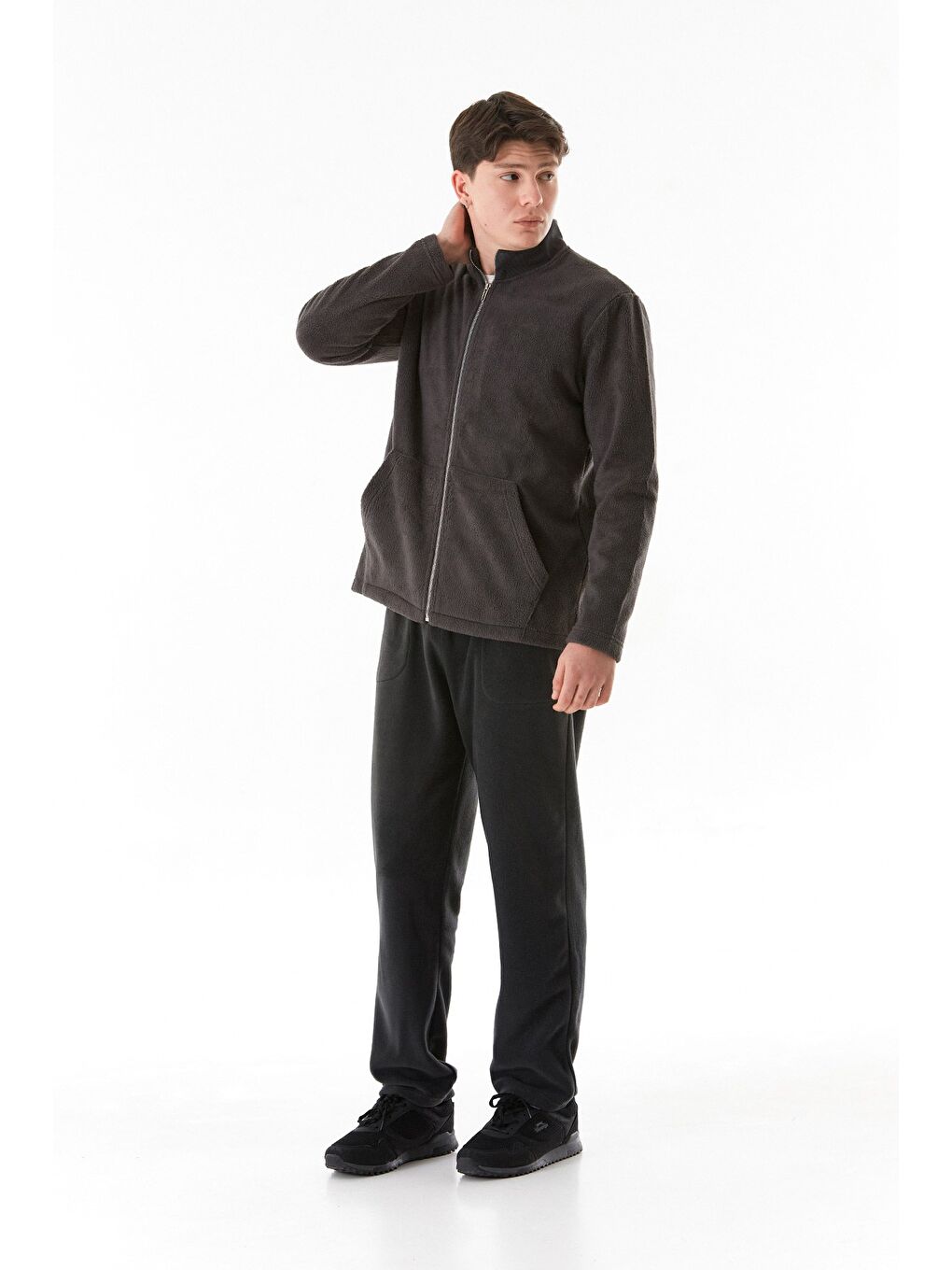Antrasit Dik Yaka Polar Erkek Fermuarlı Sweatshirt Hırka-4