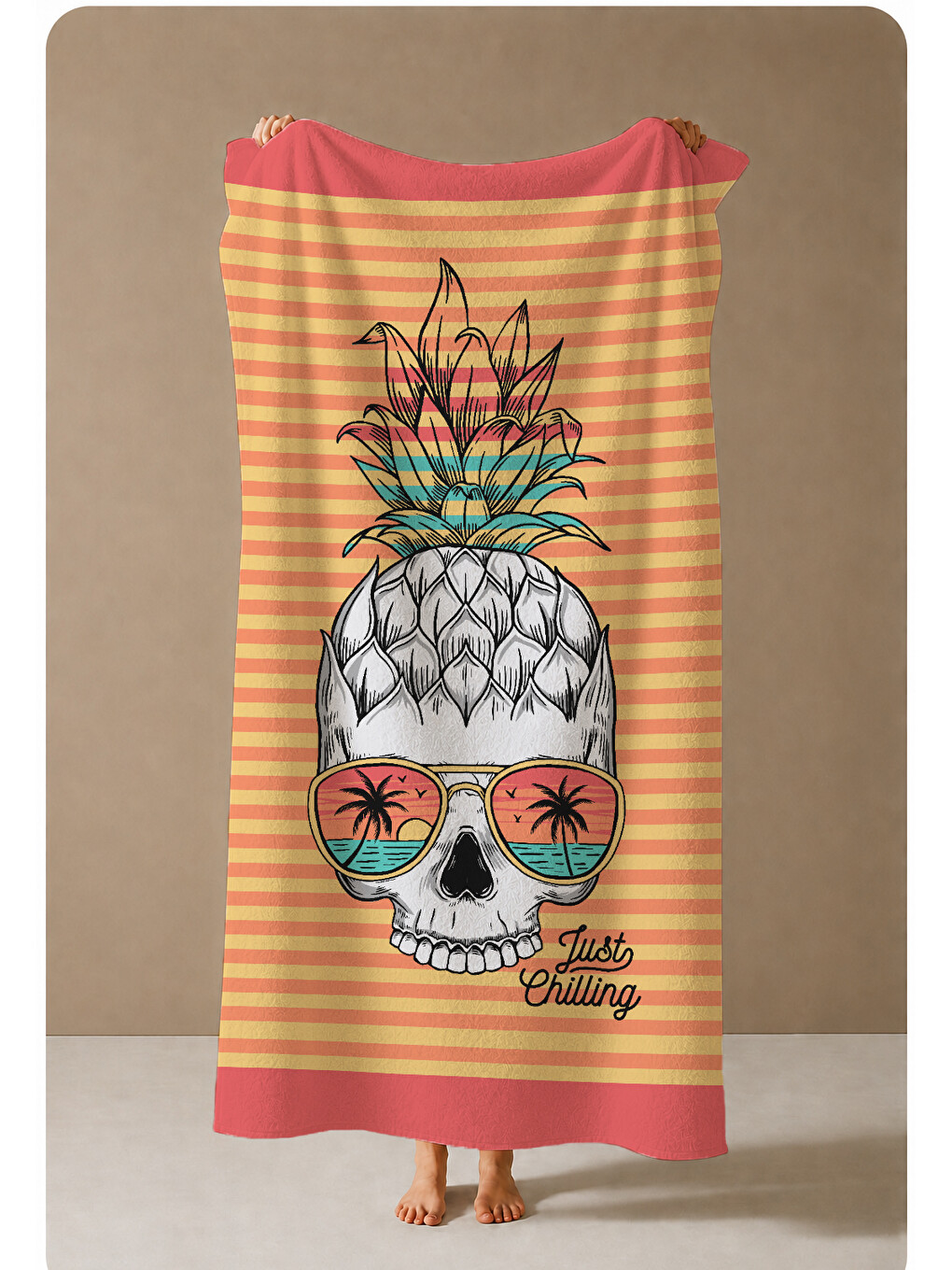 Milbay Grup Turuncu Çizgili Ananas Kuru Kafa Desenli 70x150 Cm Dijital Plaj Ve Banyo Havlusu-20013-2