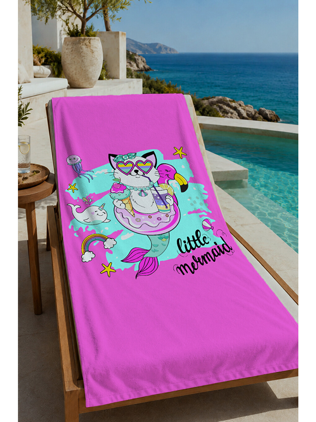 Pembe Sevimli Kedi Yaz Temalı 70x150 Cm Dijital Baskılı Plaj Ve Banyo Havlusu