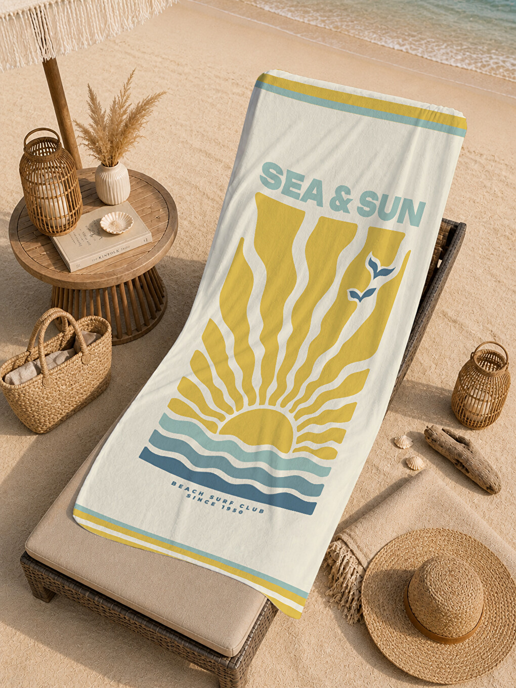 Ekru Sarı Mavi Sea And Sun Dalga Desenli 70x150 Cm Dijital Baskılı Plaj Ve Banyo Havlusu-4