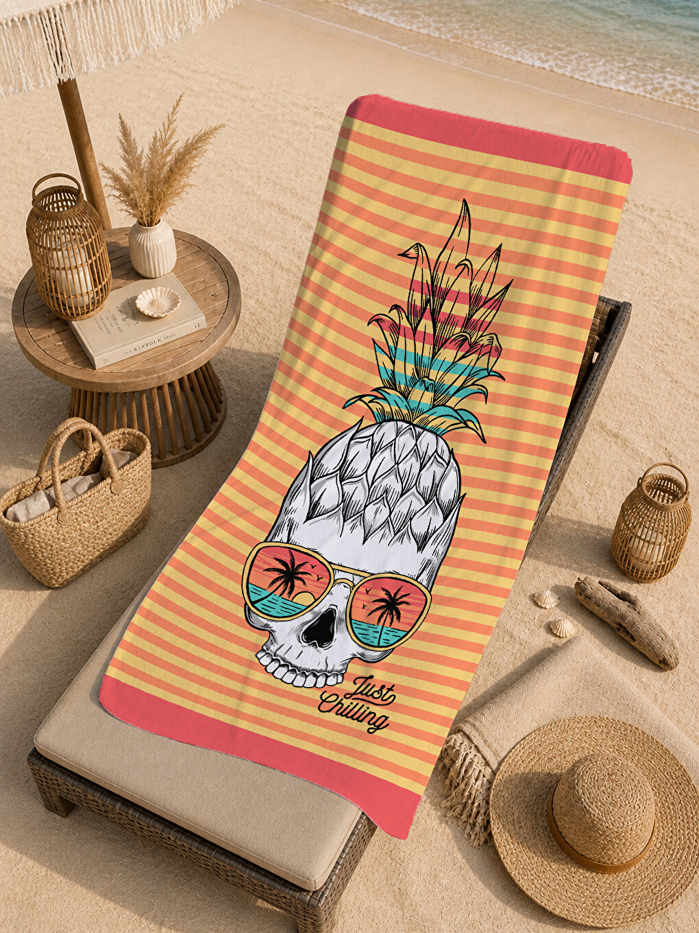 Milbay Grup Turuncu Çizgili Ananas Kuru Kafa Desenli 70x150 Cm Dijital Plaj Ve Banyo Havlusu-20013-3