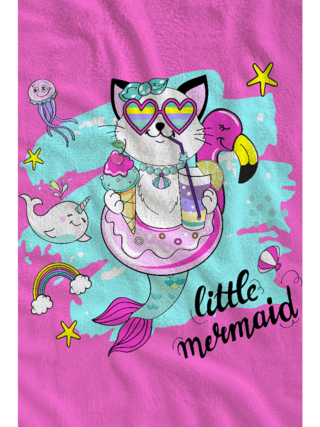 Pembe Sevimli Kedi Yaz Temalı 70x150 Cm Dijital Baskılı Plaj Ve Banyo Havlusu-1
