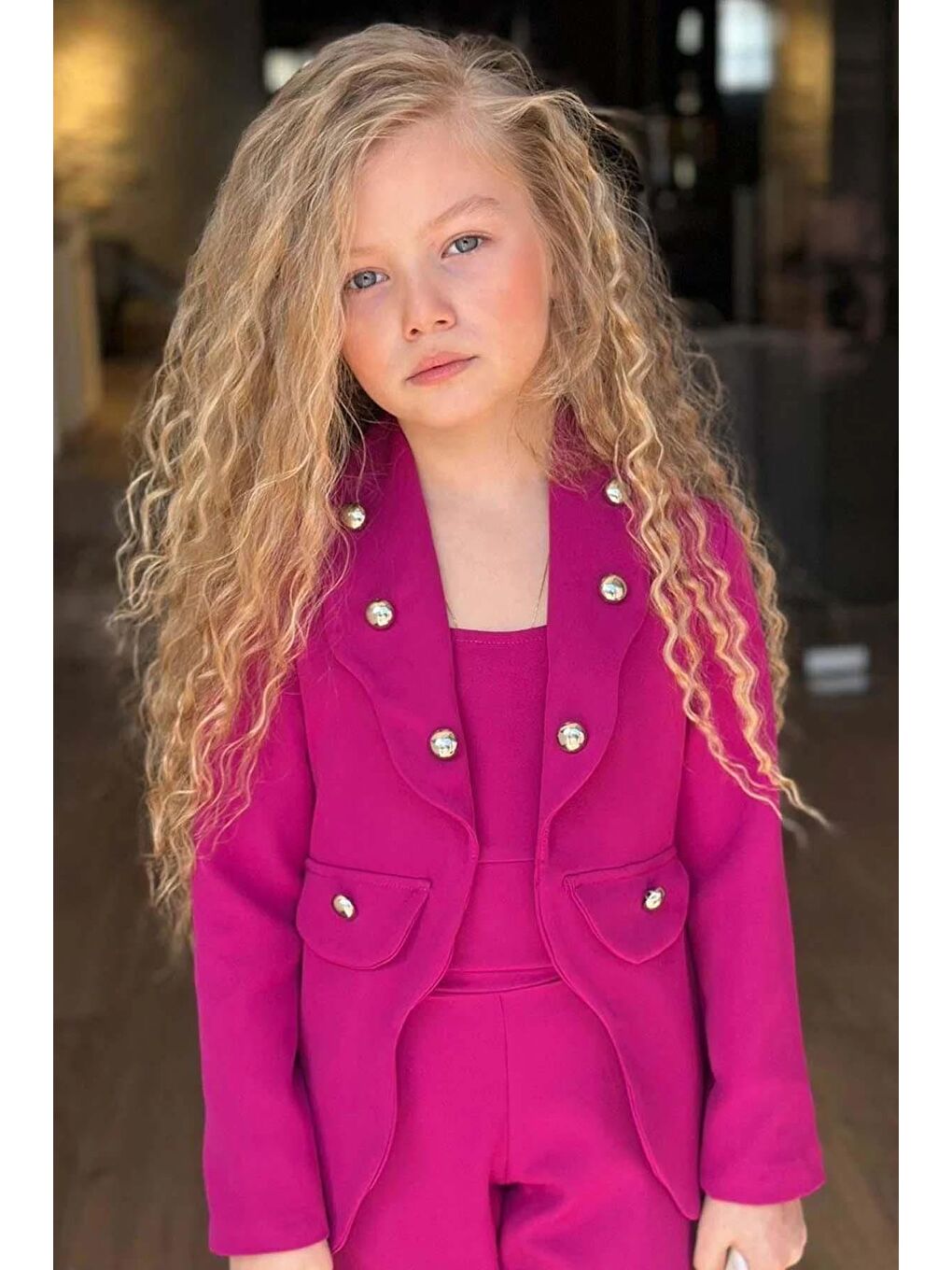 Kız Çocuk Gümüş Düğme Detaylı Blazer Ceket ve Mor Alt Üst Takım-2