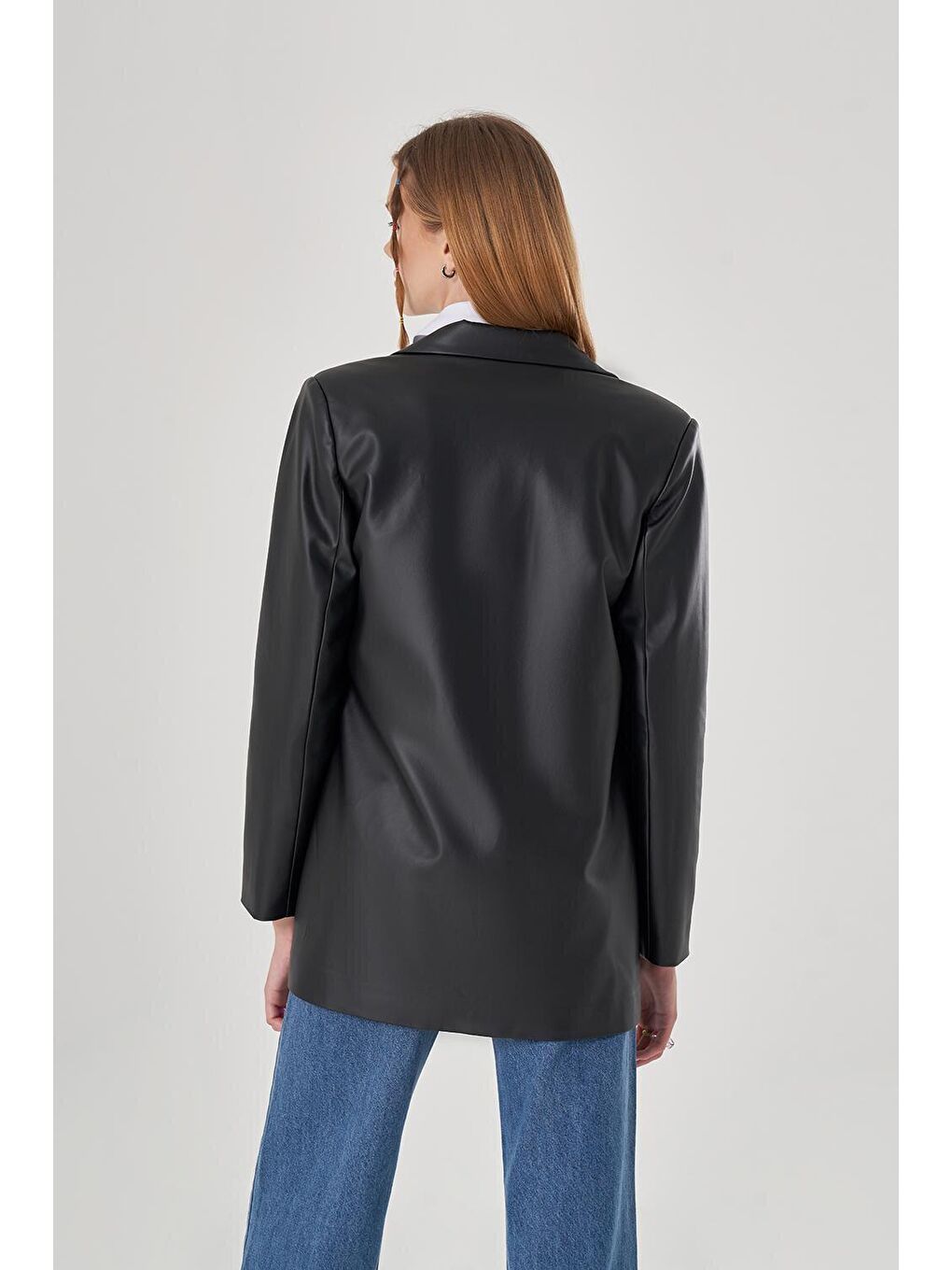 Renkli Astarlı Deri Detaylı Siyah Ceket-5