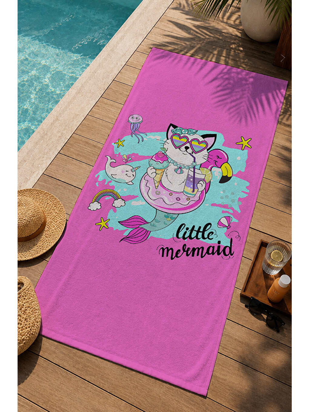 Pembe Sevimli Kedi Yaz Temalı 70x150 Cm Dijital Baskılı Plaj Ve Banyo Havlusu-2