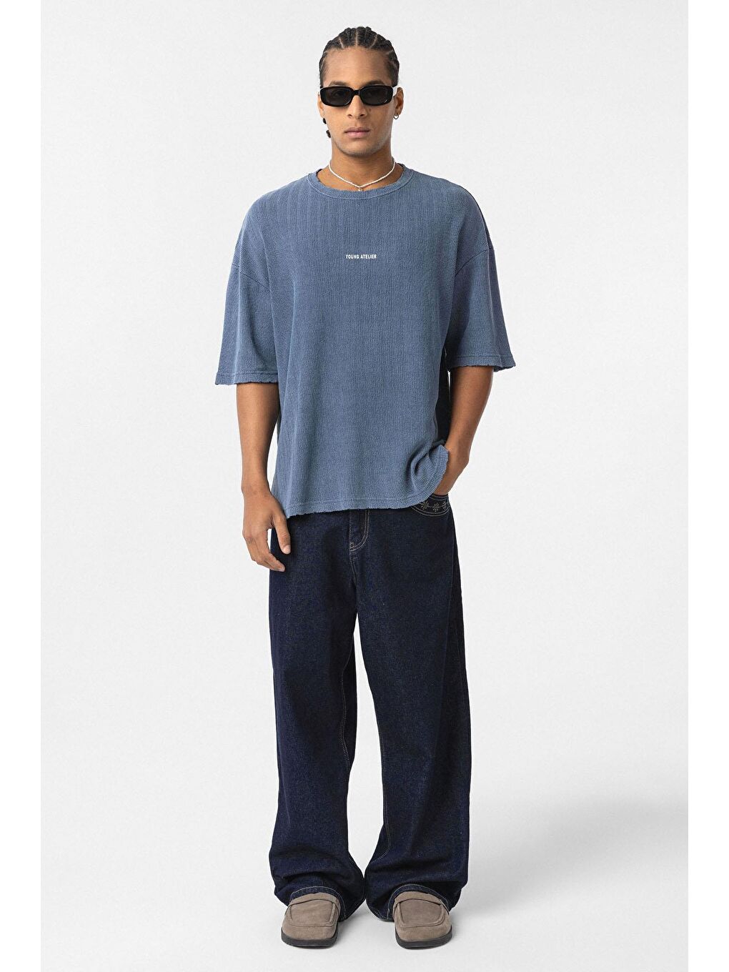 Yıkamalı Arka Baskılı Oversize Tişört İndigo