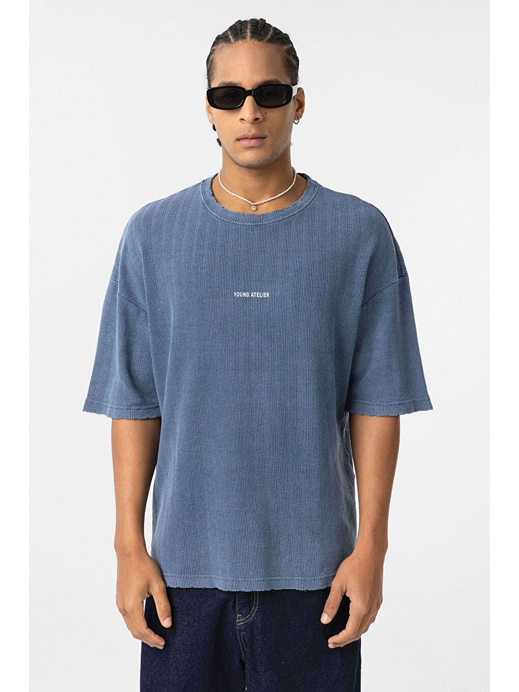 Yıkamalı Arka Baskılı Oversize Tişört İndigo-2