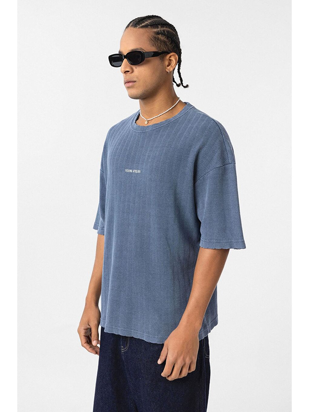 Yıkamalı Arka Baskılı Oversize Tişört İndigo-3