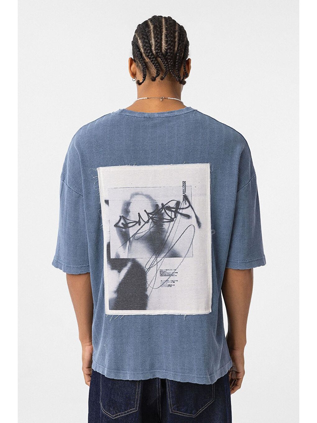 Yıkamalı Arka Baskılı Oversize Tişört İndigo-4