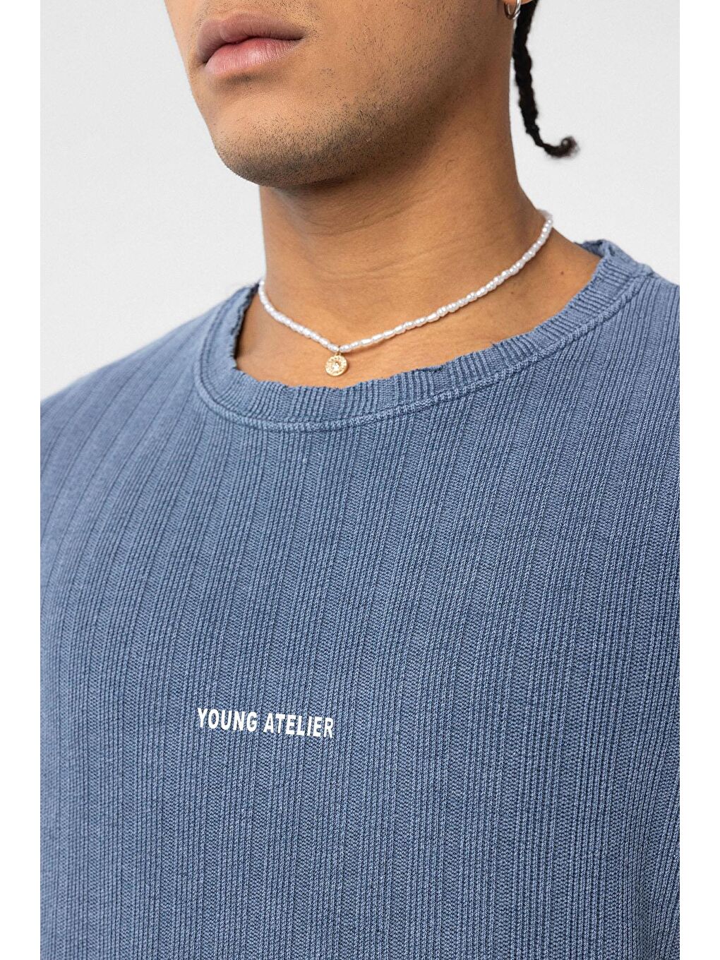 Yıkamalı Arka Baskılı Oversize Tişört İndigo-5