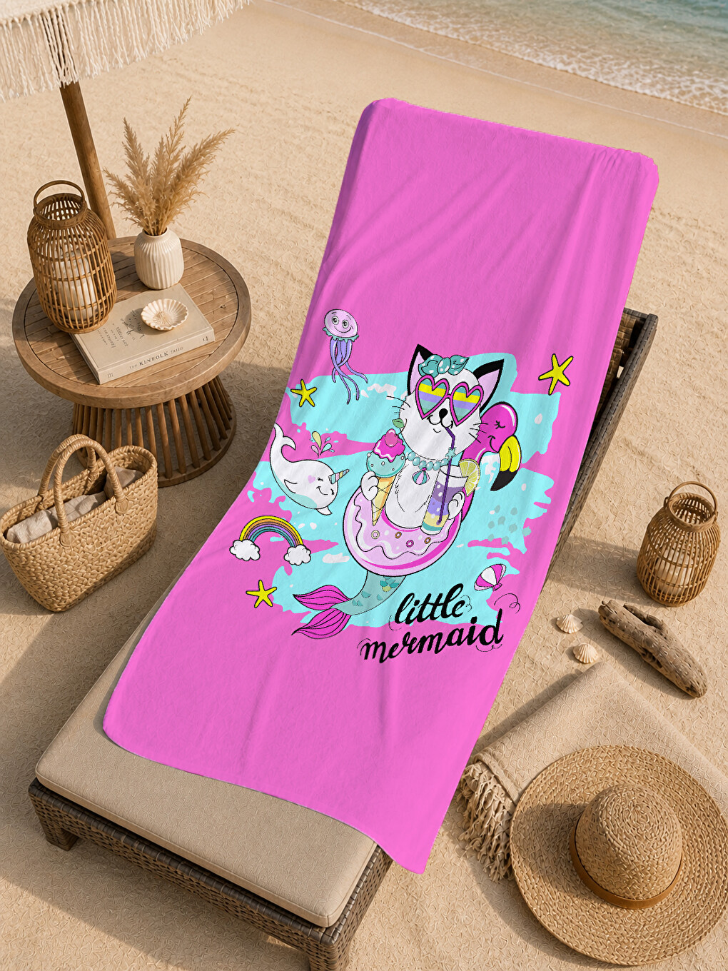 Pembe Sevimli Kedi Yaz Temalı 70x150 Cm Dijital Baskılı Plaj Ve Banyo Havlusu-4