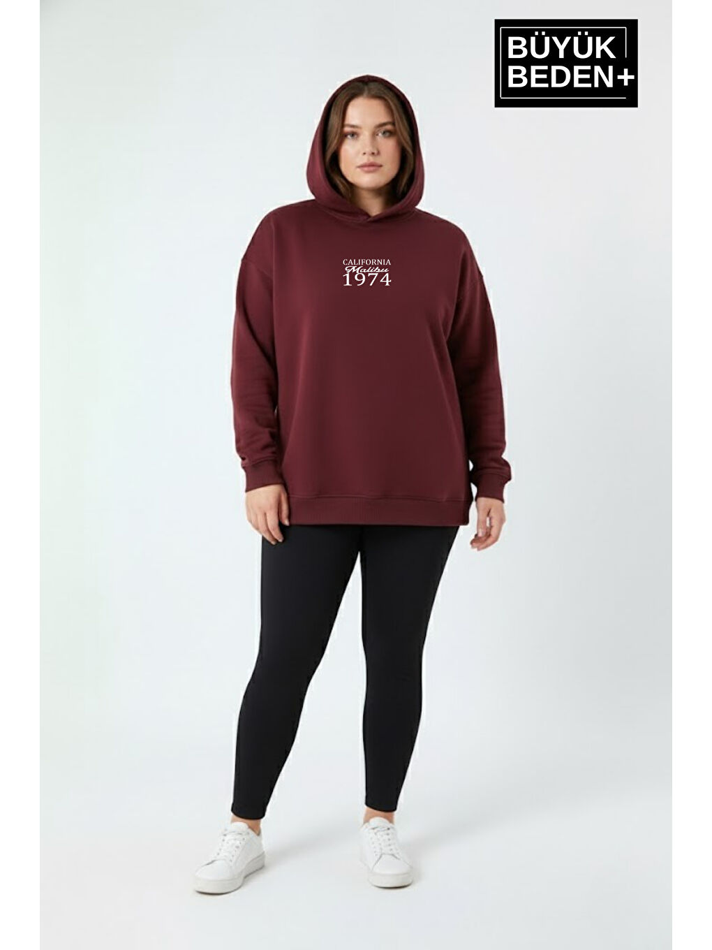 Bordo Kadın Büyük Beden California 1974 Baskılı Kapüşonlu Sweat – Rahat Kalıp Hoodie SPR26BSWK965