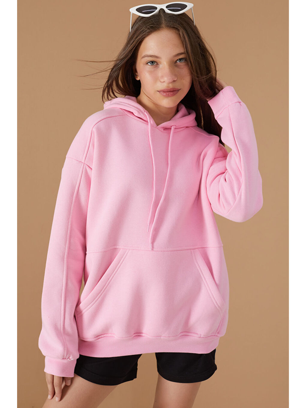 Cansın Mini Pembe Kız Çocuk Pembe Basic Uzun Kol Şardonlu Kapüşonlu Sweatshirt