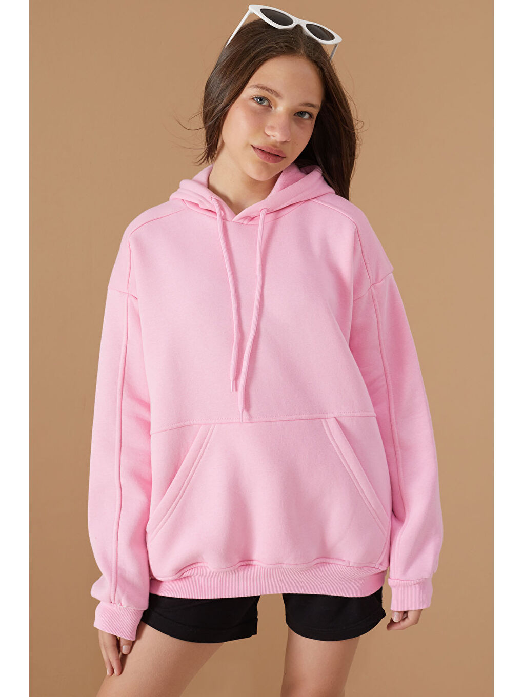 Cansın Mini Pembe Kız Çocuk Pembe Basic Uzun Kol Şardonlu Kapüşonlu Sweatshirt - 1