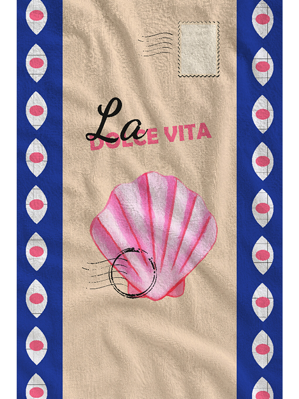 Lacivert Çerçeveli Pembe Deniz Kabuğu La Dolce Vita 70x150 Cm Dijital Baskılı Plaj Ve Banyo Havlusu-1