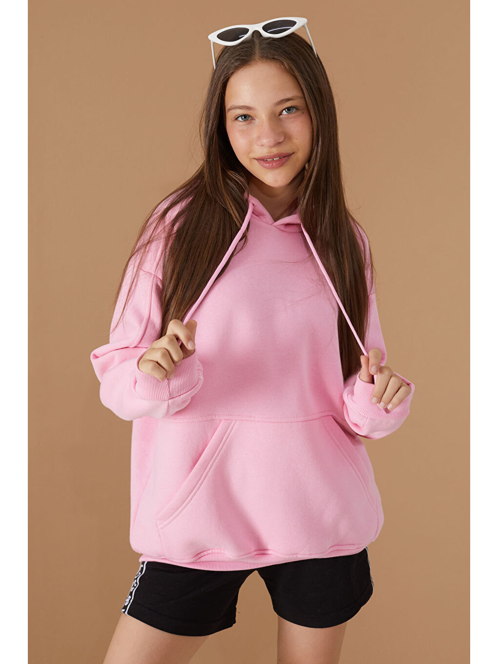 Cansın Mini Pembe Kız Çocuk Pembe Basic Uzun Kol Şardonlu Kapüşonlu Sweatshirt - 2