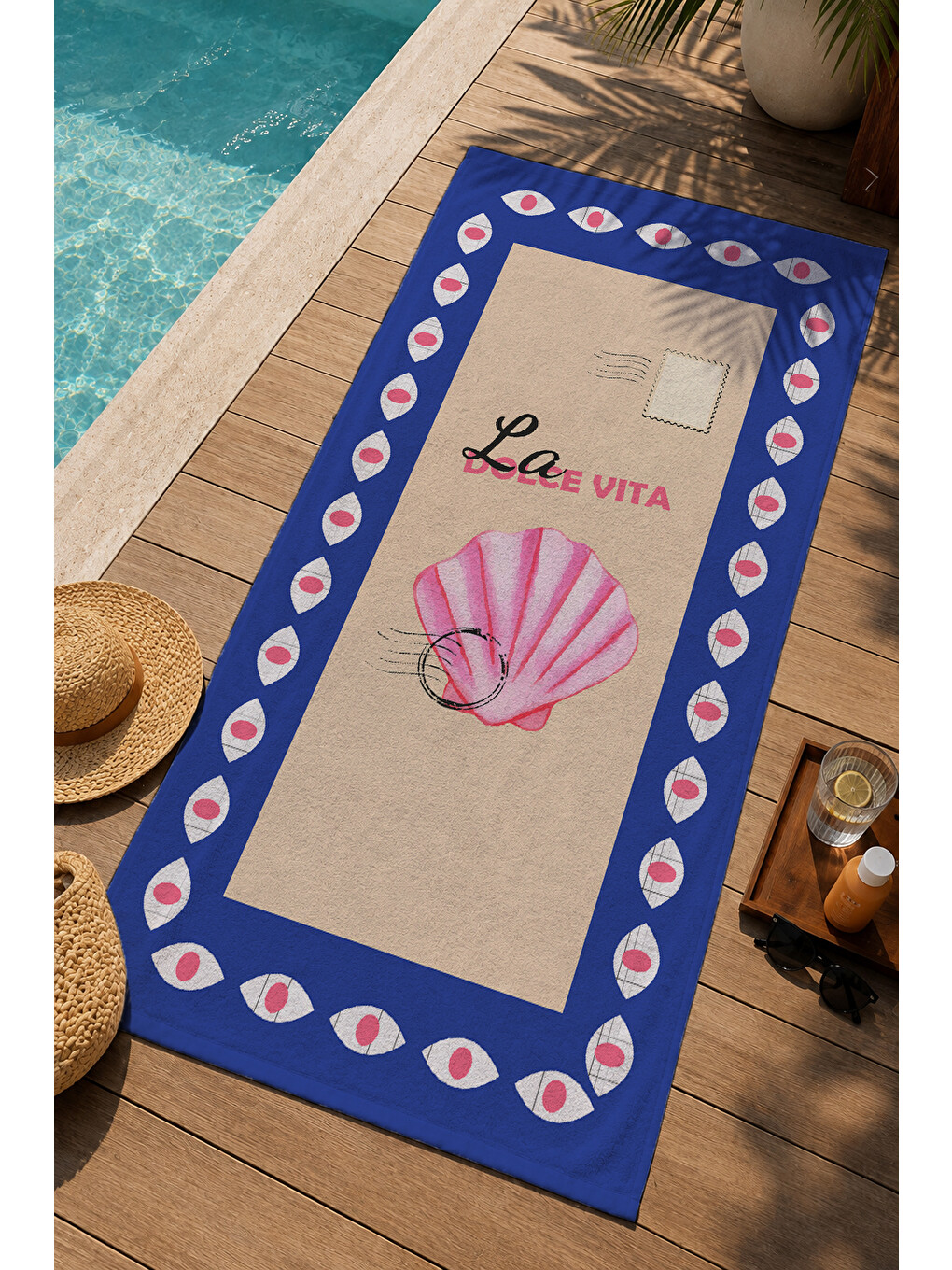 Lacivert Çerçeveli Pembe Deniz Kabuğu La Dolce Vita 70x150 Cm Dijital Baskılı Plaj Ve Banyo Havlusu-2
