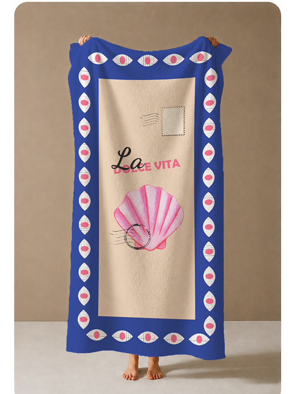 Lacivert Çerçeveli Pembe Deniz Kabuğu La Dolce Vita 70x150 Cm Dijital Baskılı Plaj Ve Banyo Havlusu-3