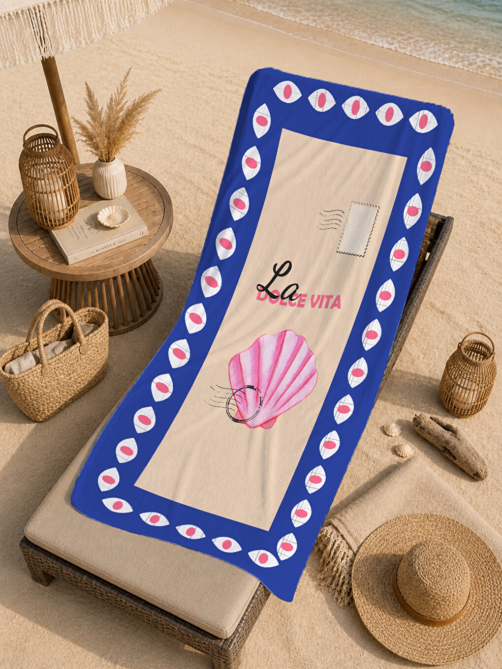 Lacivert Çerçeveli Pembe Deniz Kabuğu La Dolce Vita 70x150 Cm Dijital Baskılı Plaj Ve Banyo Havlusu-4