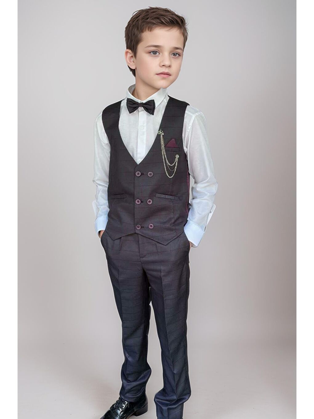 Erkek Çocuk Cepken Yelekli Ekose Desenli Mürdüm Çizgi Detaylı Takım Elbise 5-9 Yaş