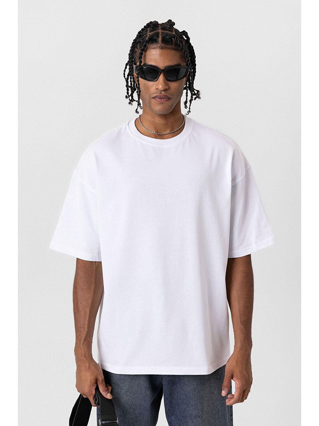 Basic Oversize Bisiklet Yaka Tişört Beyaz-2