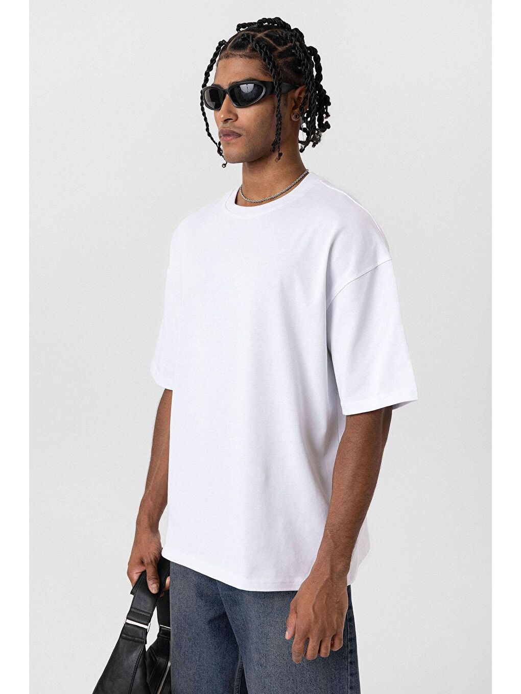 Basic Oversize Bisiklet Yaka Tişört Beyaz-3