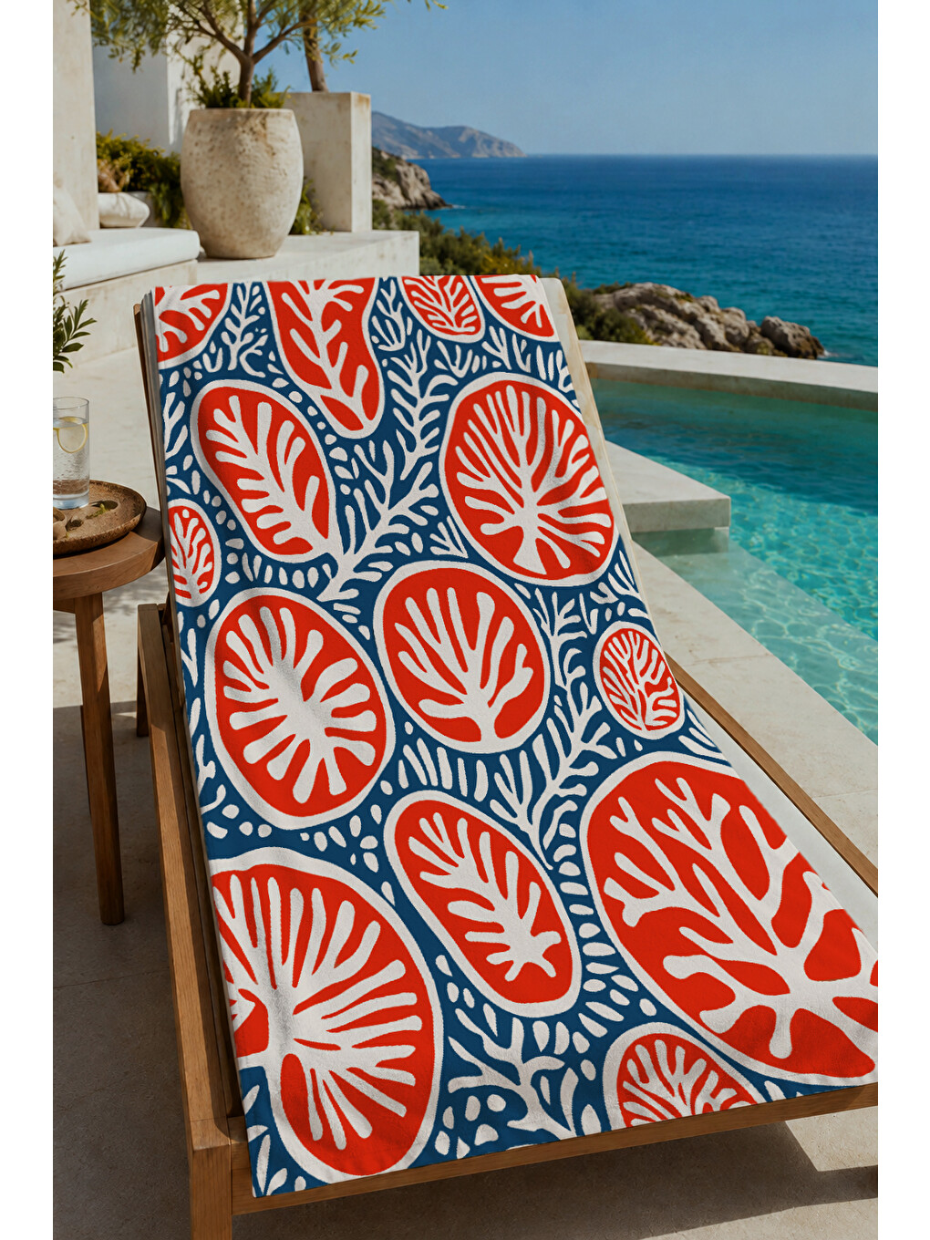 Turuncu Lacivert Botanik Yaprak Desenli 70x150 Cm Dijital Baskılı Plaj Ve Banyo Havlusu