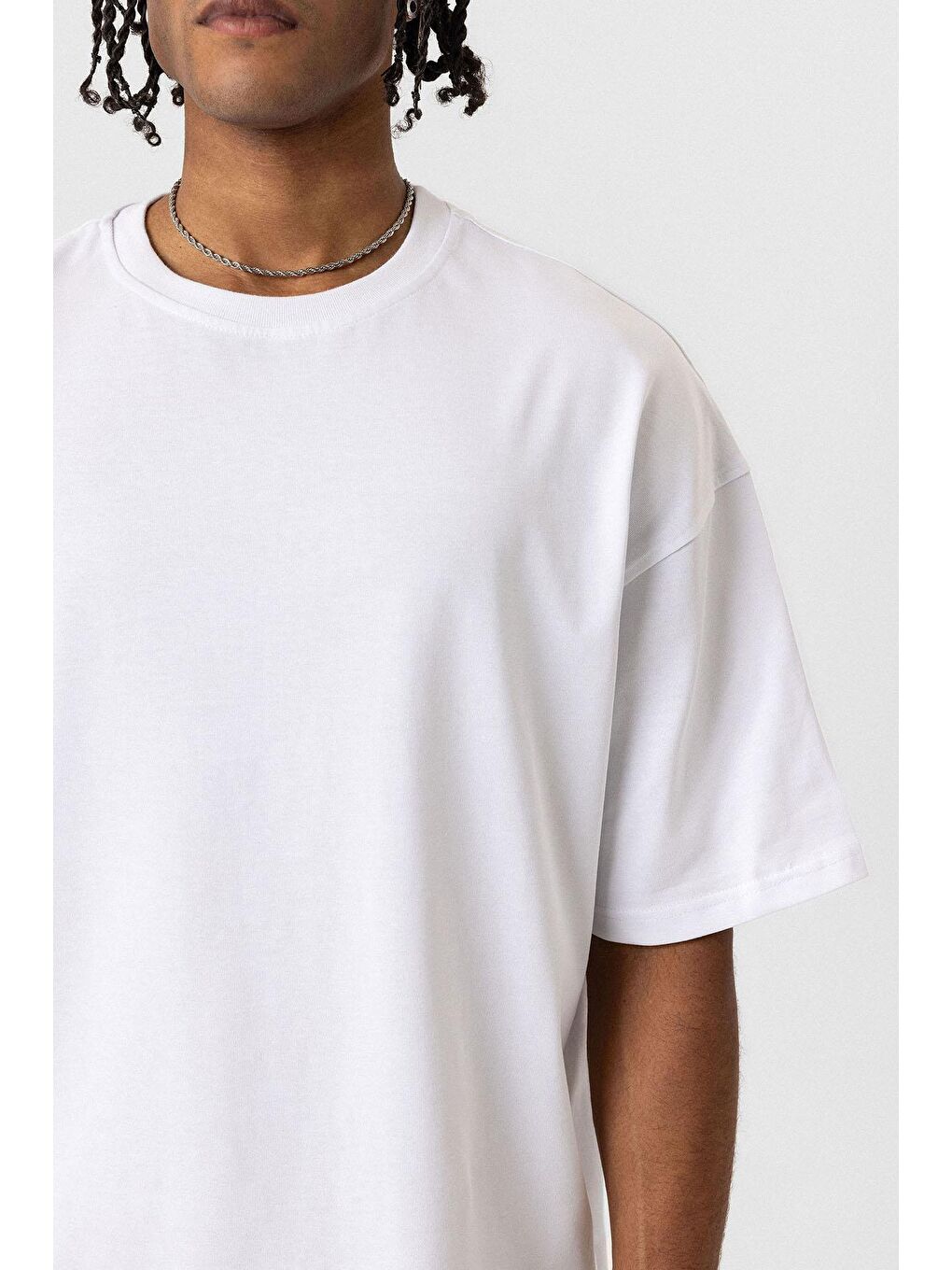 Basic Oversize Bisiklet Yaka Tişört Beyaz-5