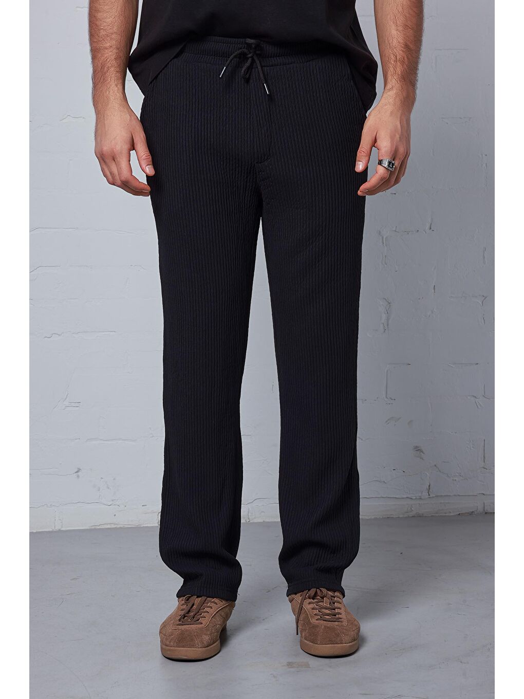 Erkek Fitilli Baggy Fit Rahat Eşofman Siyah-1