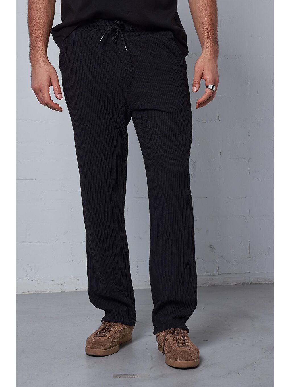 Erkek Fitilli Baggy Fit Rahat Eşofman Siyah-2