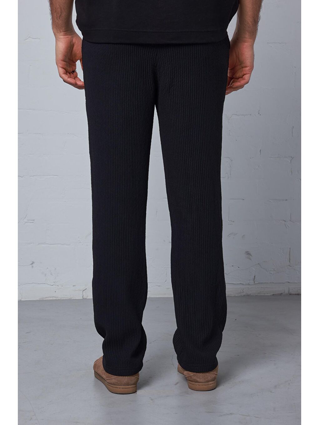 Erkek Fitilli Baggy Fit Rahat Eşofman Siyah-3