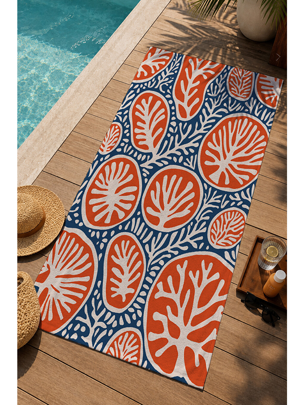 Turuncu Lacivert Botanik Yaprak Desenli 70x150 Cm Dijital Baskılı Plaj Ve Banyo Havlusu-2