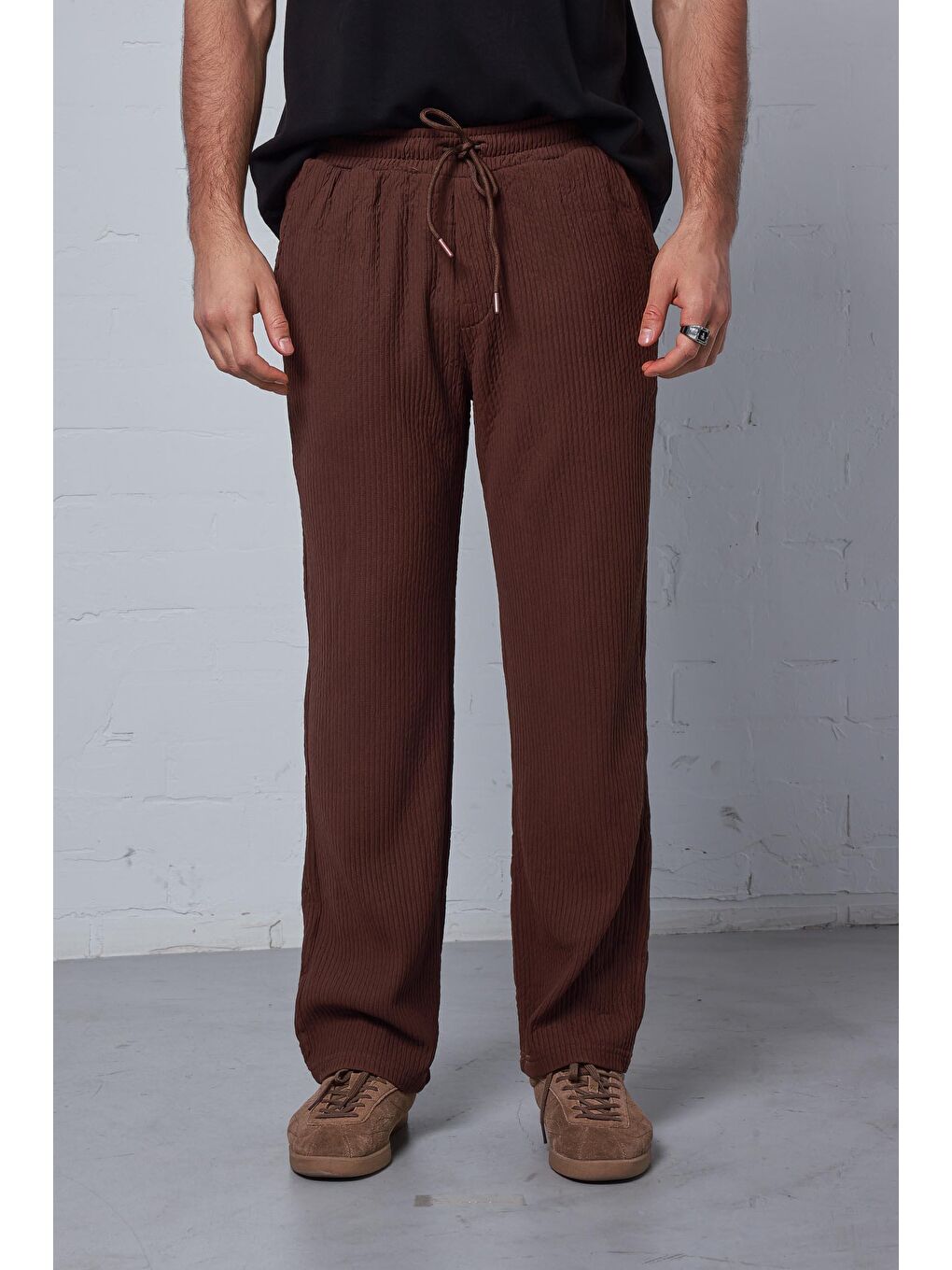 Erkek Fitilli Baggy Fit Rahat Eşofman Kahverengi
