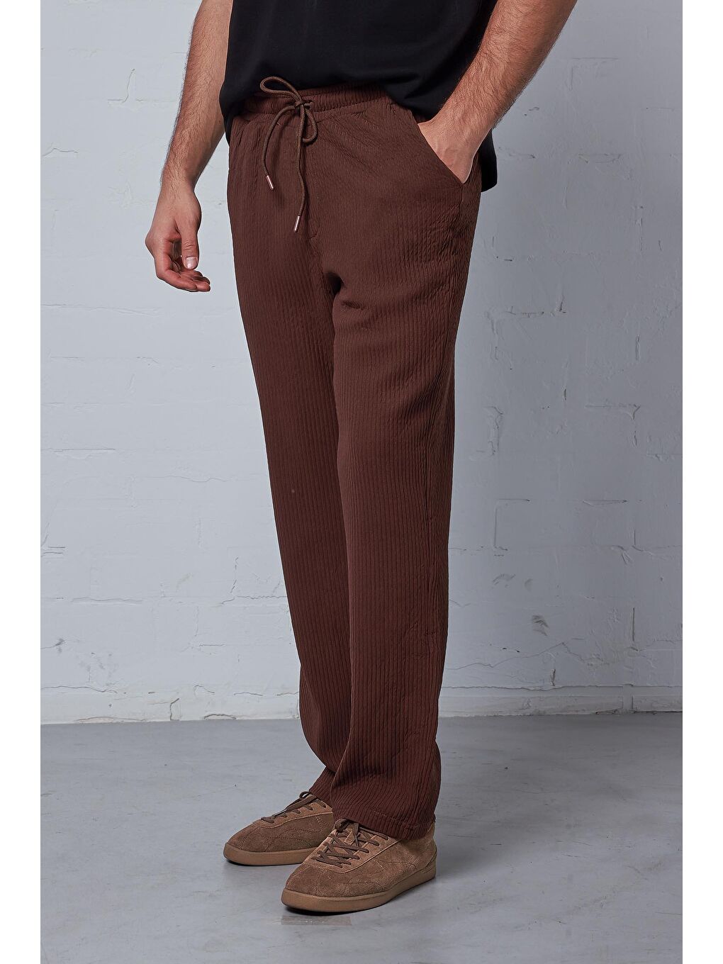 Erkek Fitilli Baggy Fit Rahat Eşofman Kahverengi-1