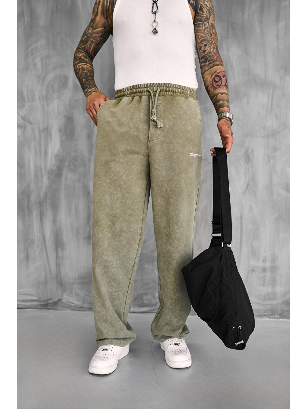 Erkek Baskılı Yıkamalı Baggy Fit Eşofman Haki