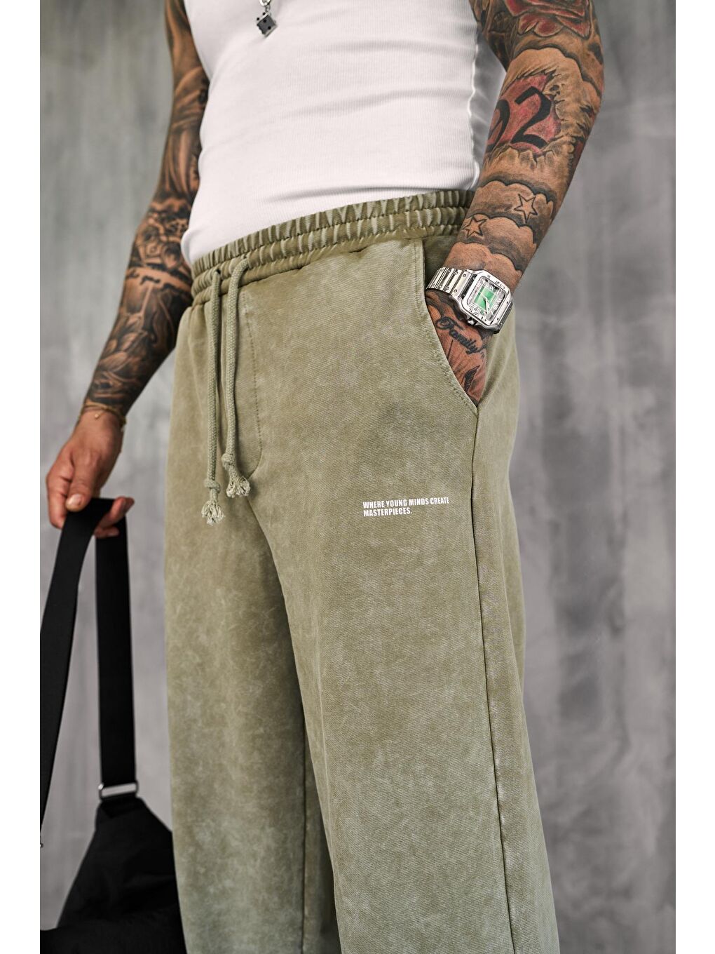 Erkek Baskılı Yıkamalı Baggy Fit Eşofman Haki-1