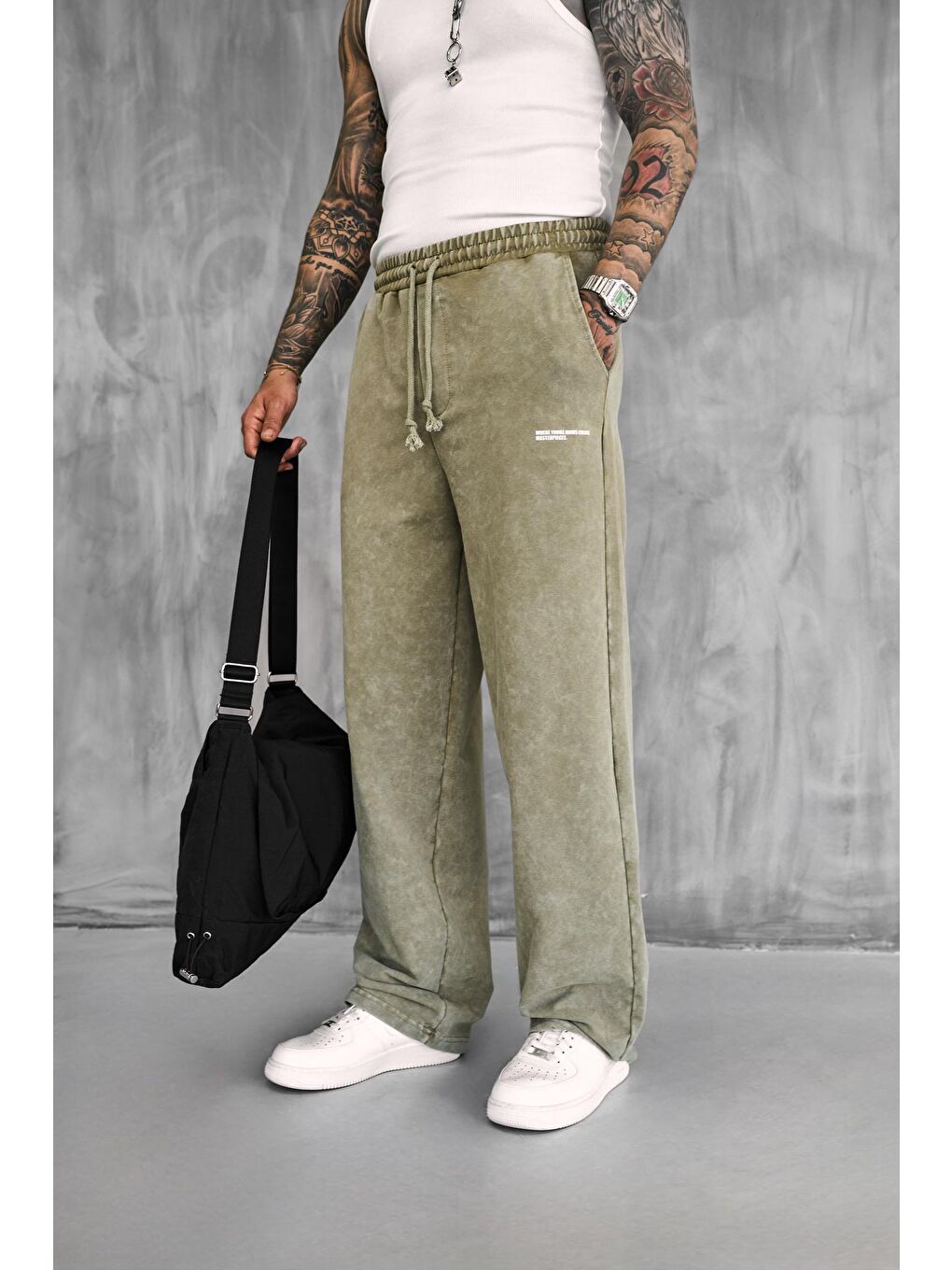 Erkek Baskılı Yıkamalı Baggy Fit Eşofman Haki-2