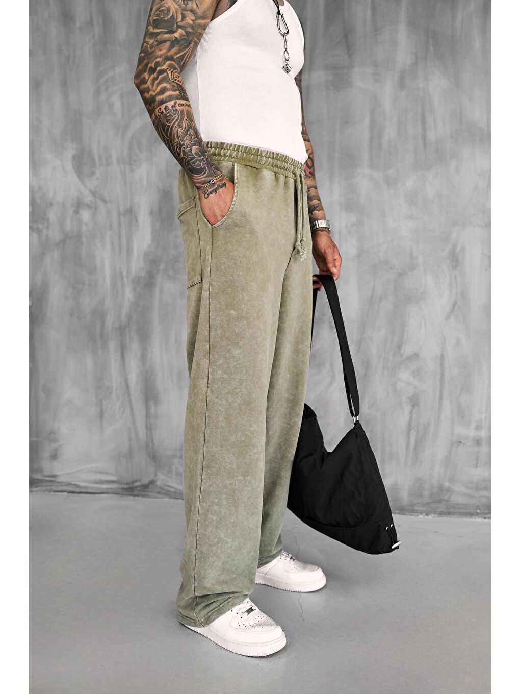 Erkek Baskılı Yıkamalı Baggy Fit Eşofman Haki-3