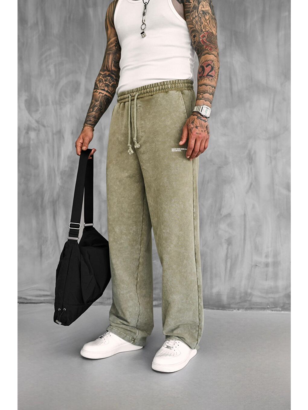 Erkek Baskılı Yıkamalı Baggy Fit Eşofman Haki-4