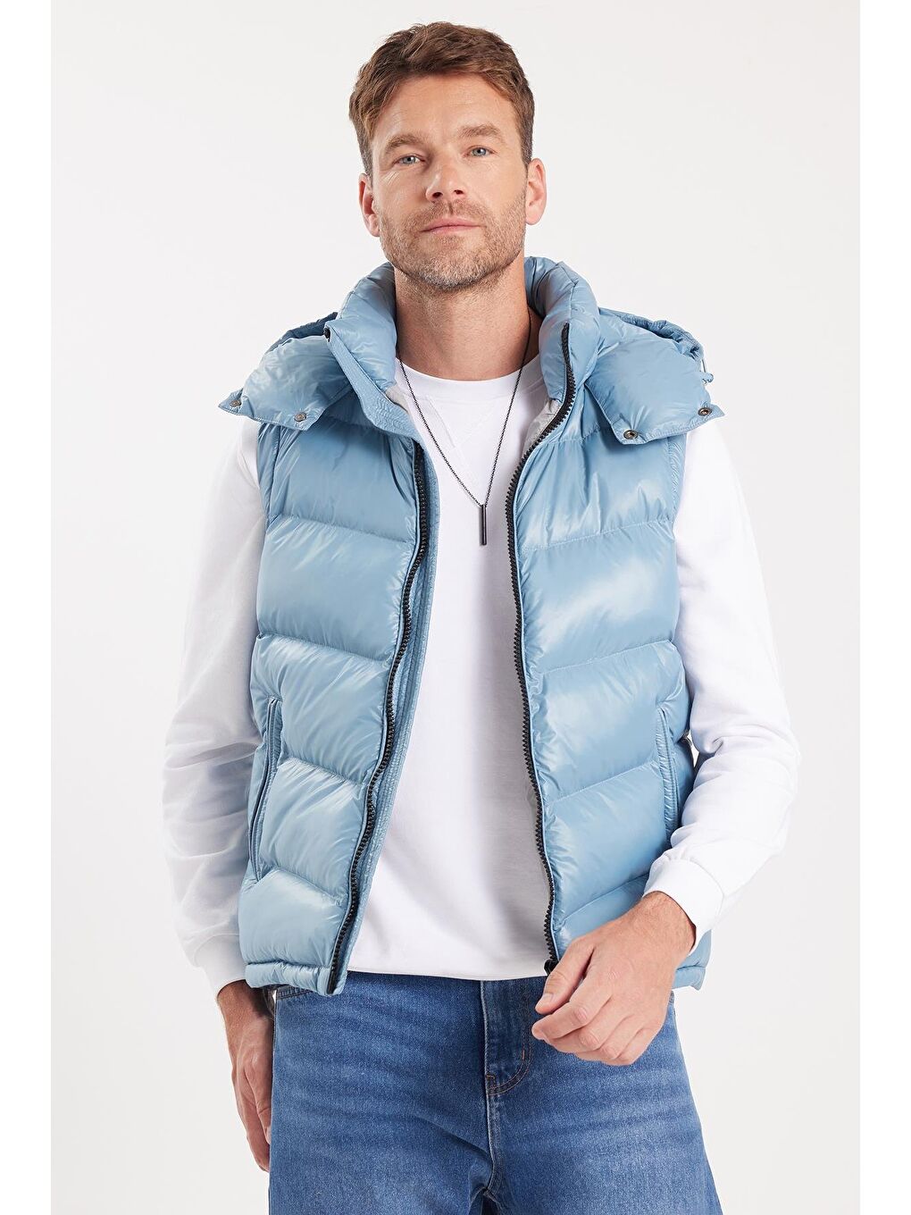 Erkek Standart Fit Normal Kesim Sıfır Kol Çift Cepli Fermuarlı Sıcak Tutan Mavi Şişme Yelek-4