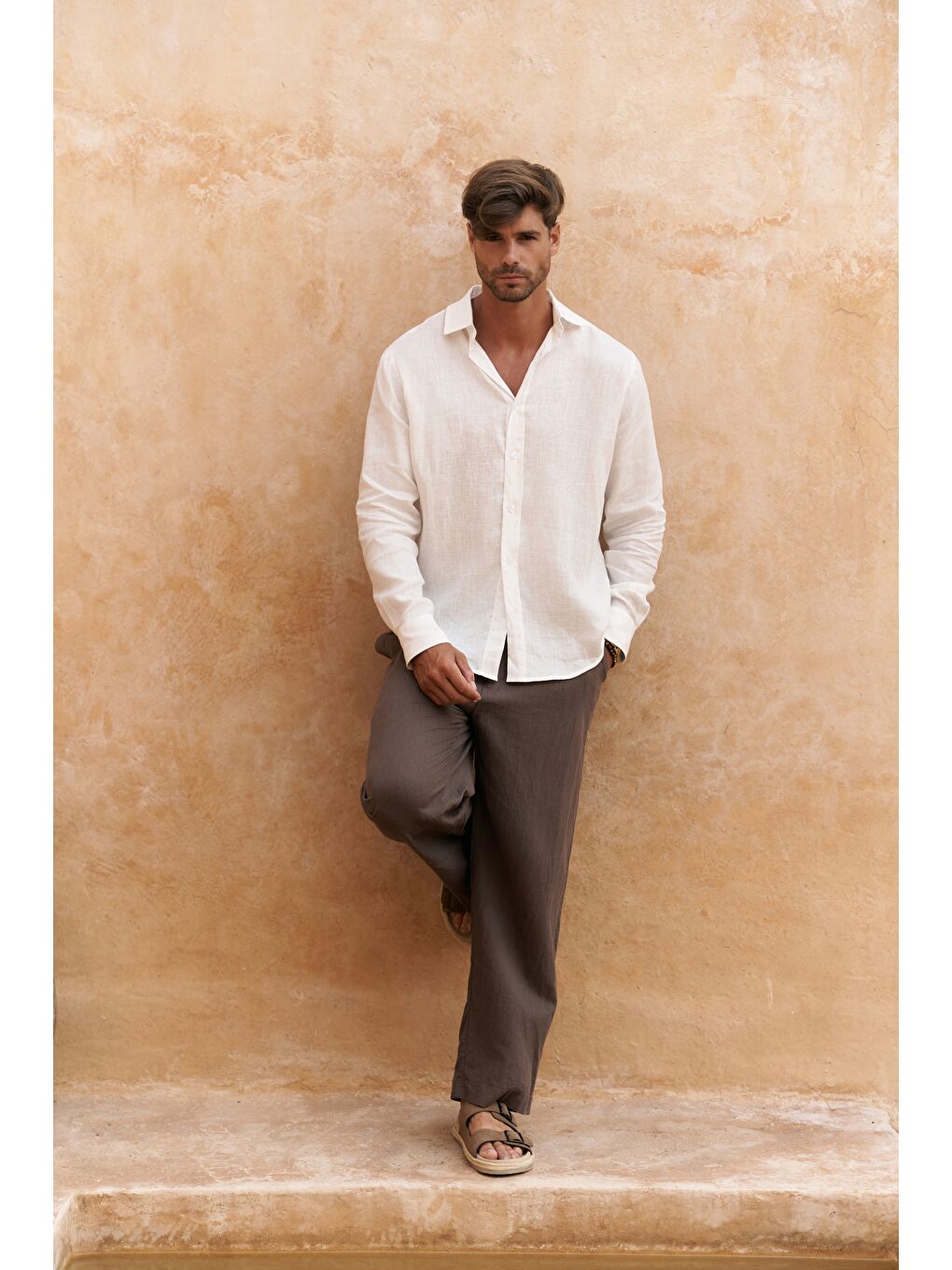 Agnola Oversize Erkek Ekru Keten Gömlek