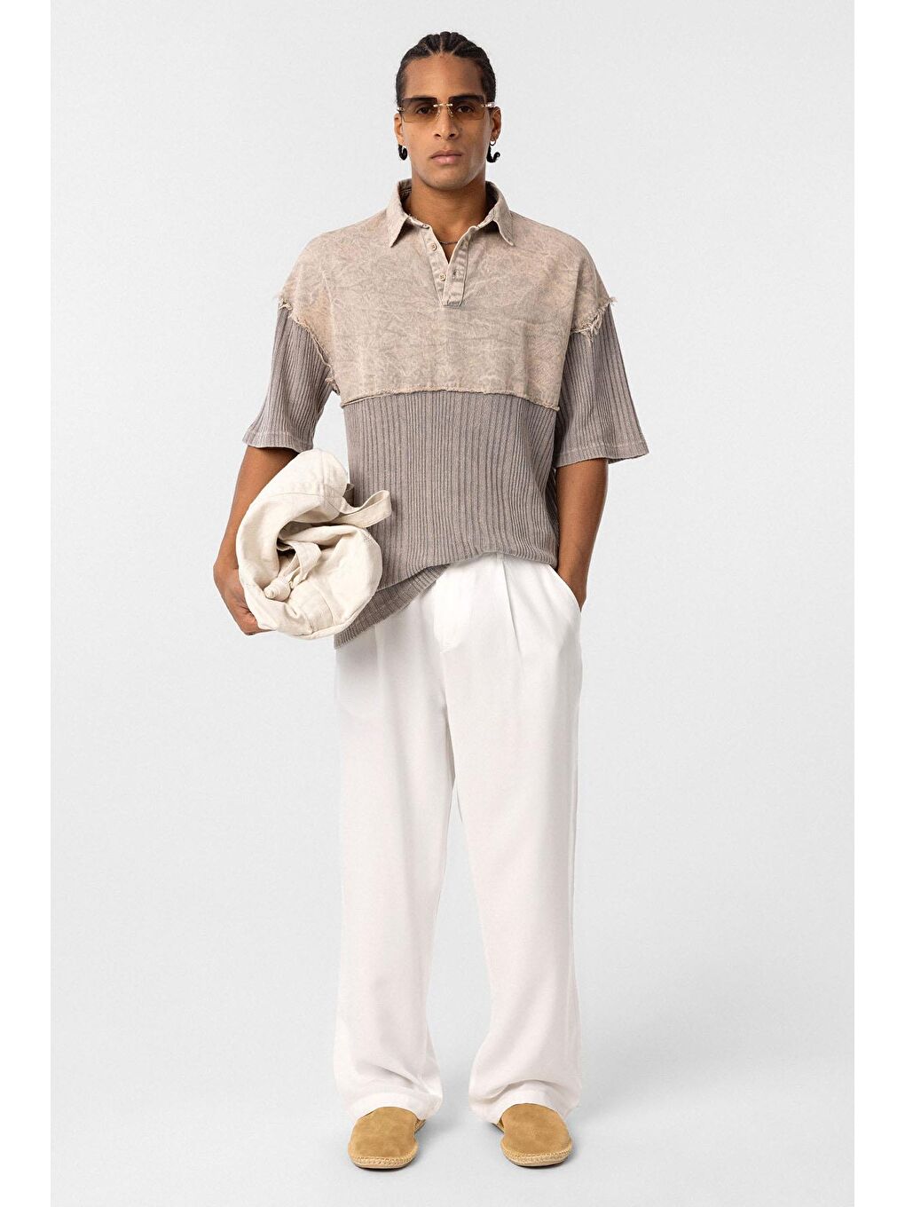 Bej Yıkamalı Oversize Polo Yaka Tişört Taş