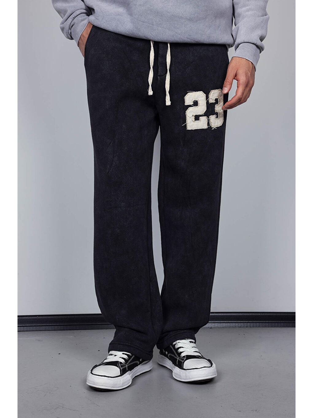 Erkek Baskılı Yıkamalı Baggy Fit Eşofman Siyah-1