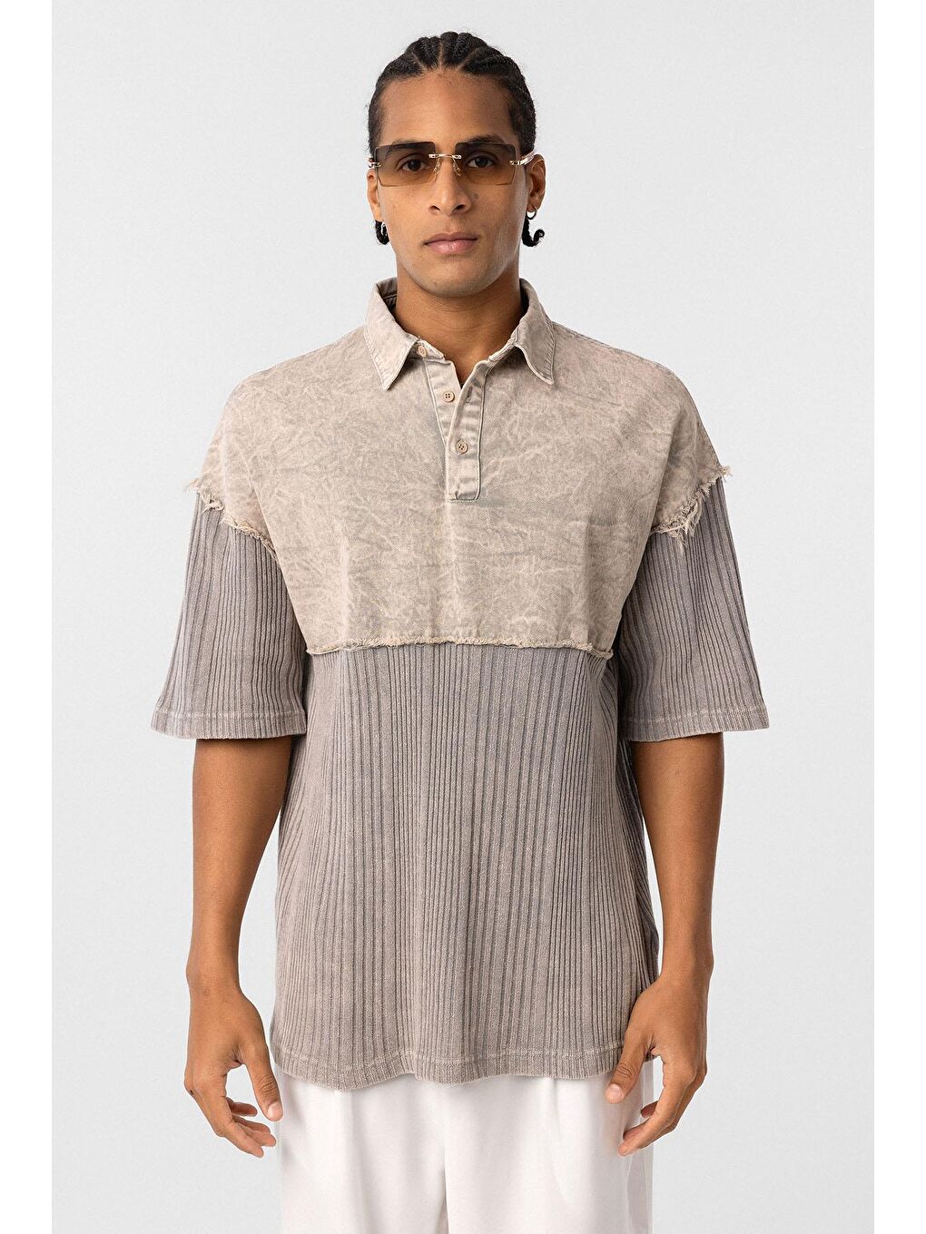 Bej Yıkamalı Oversize Polo Yaka Tişört Taş-2